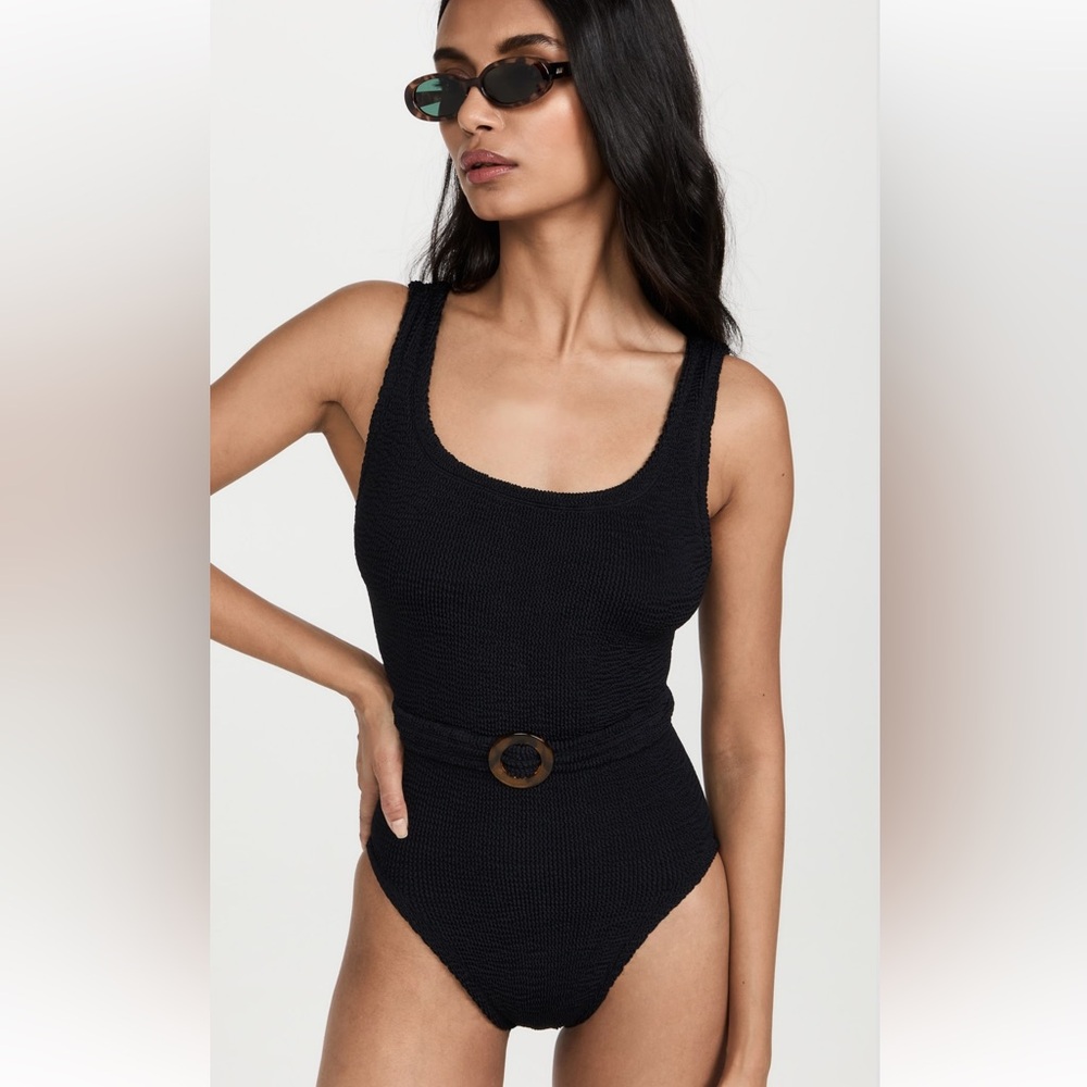 Hunza G Solitaire Black Swimsuit Monokini One Size Belted Crinkle Stretchy Rare